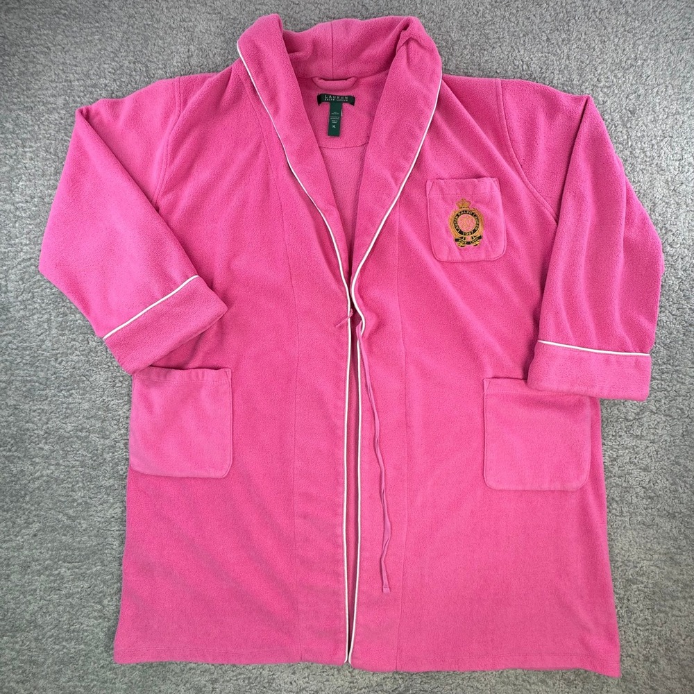Lauren Ralph Lauren Womens XL Pink Fleece Robe Shawl Collar Crest Logo FLAWS*